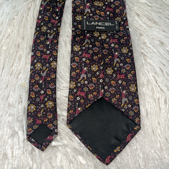 LANCEL PARIS 100% Silk Tie Floral Hunting Deer Print Burgundy Gray Mustard Black - Picture 6 of 7